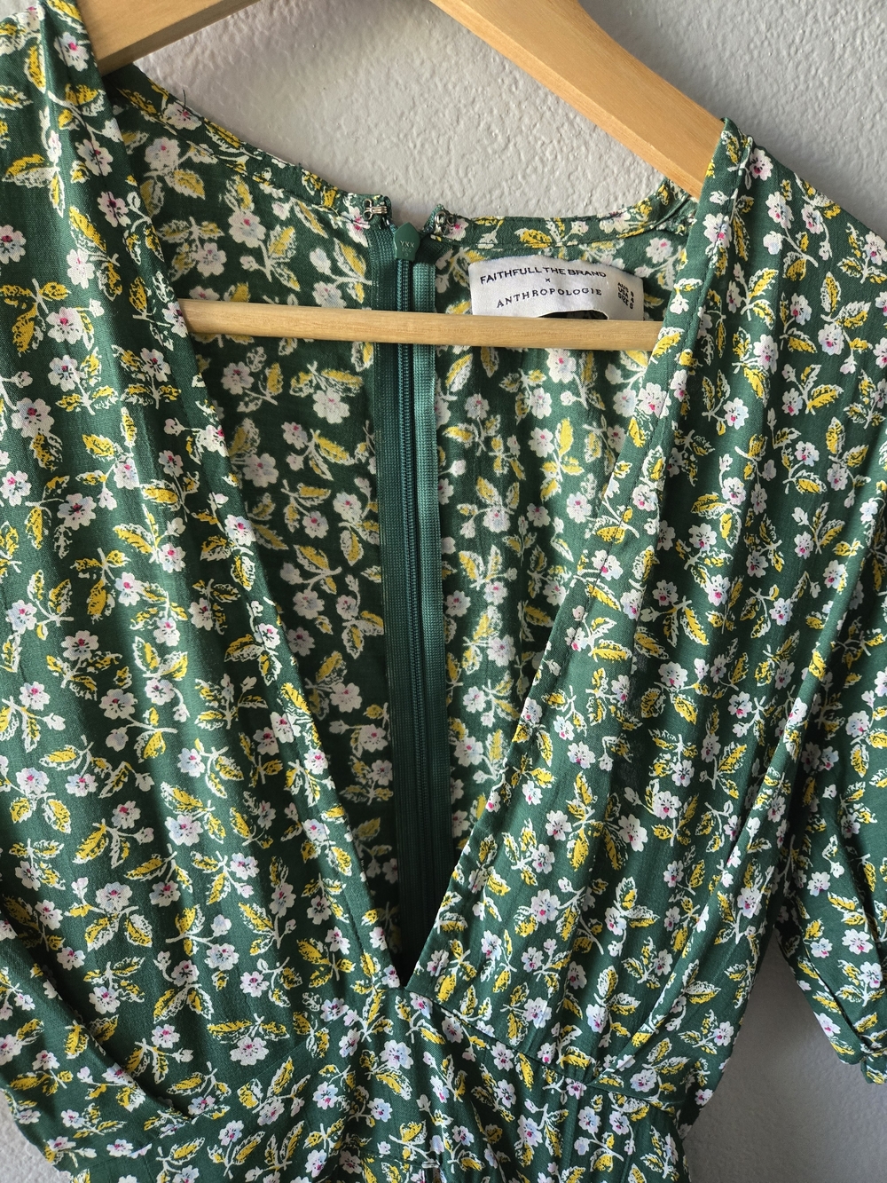 Faithfull the Brand Anthropologie Green Floral Wrap Midi Dress with Puff Sleeve - Picture 9 of 11